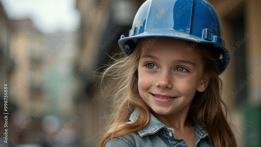 Confident Young Girl Wearing Blue Construction Helmet Outdoors Confident Young Girl Wearing Blue Construction Helmet Outdoors