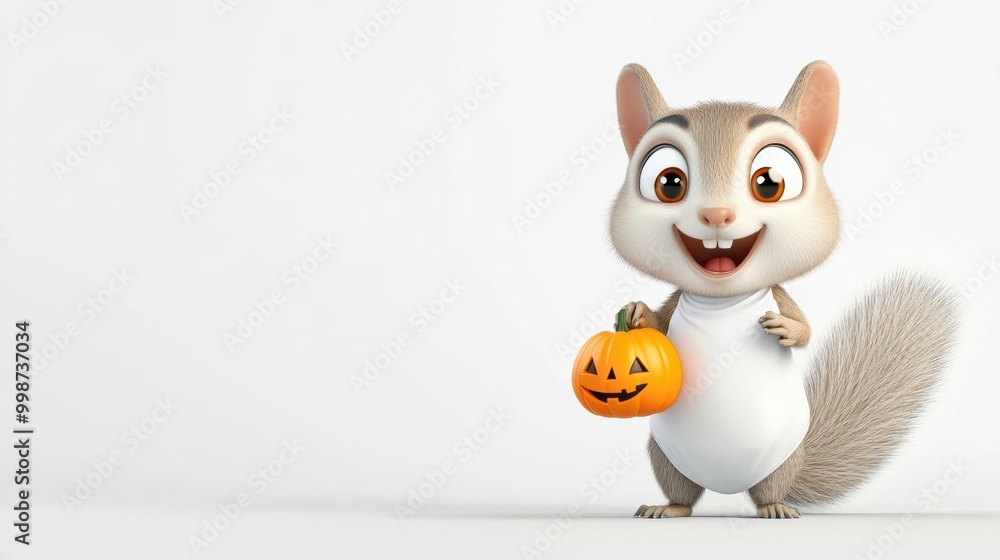Fototapeta premium Cute Cartoon Squirrel with Halloween Pumpkin Decoration