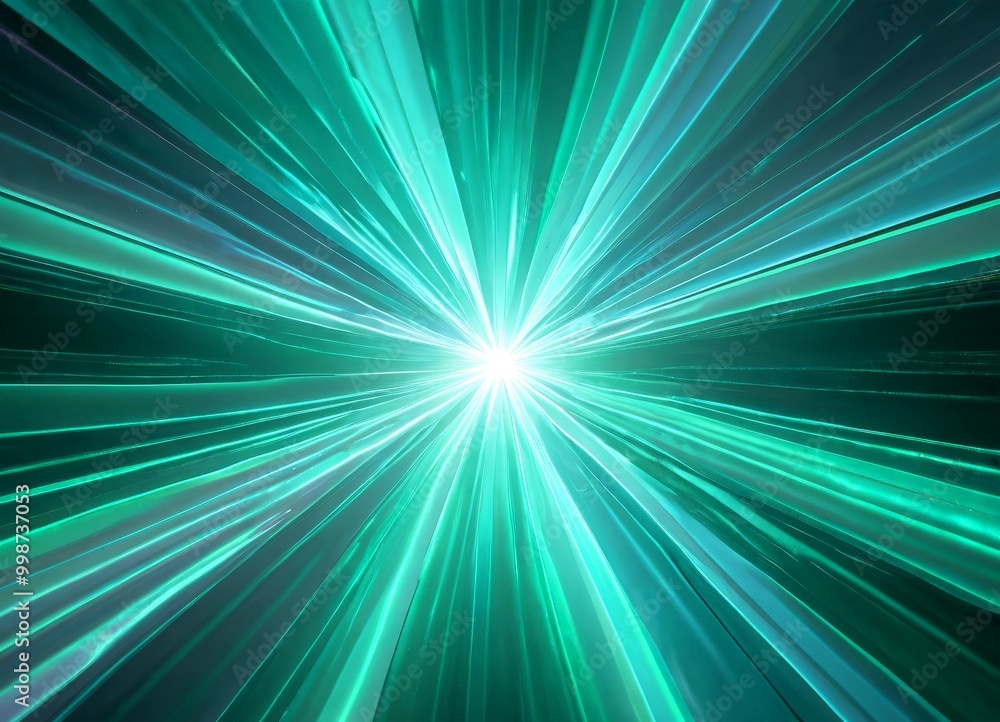 a vibrant, abstract representation starburst, with radiating lines of green and blue hues The central focus is a bright, white light shining through the center of a vibrant, abstract representation starburst, with radiating lines of green and blue hues The central focus is a bright, white light shining through the center of