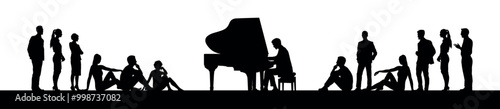 Pianist playing the piano outdoor in public space side view silhouettes illustration. Group people watching man playing grand piano vector silhouette.