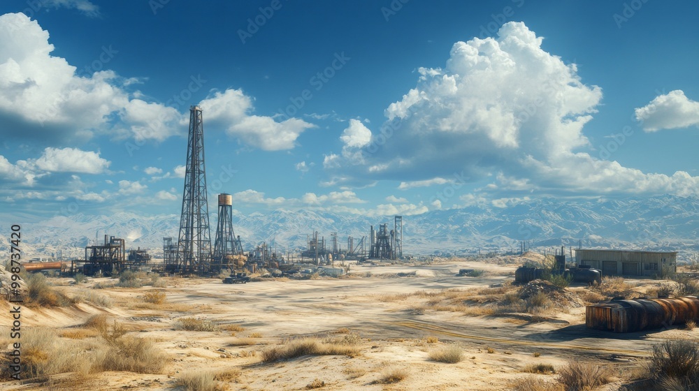 A desolate desert landscape with a few old oil rigs and a few buildings A desolate desert landscape with a few old oil rigs and a few buildings