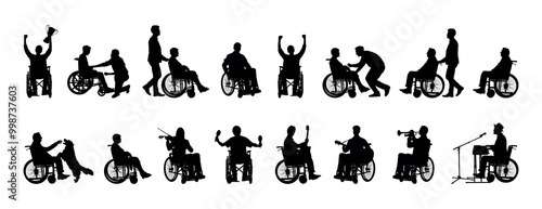 Group people in wheelchair different ages in various poses vector silhouette set collection. 