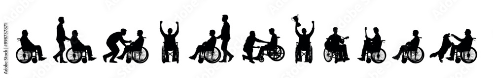 Silhouette set of person in wheelchair in various activities vector collection. Silhouette set of person in wheelchair in various activities vector collection.