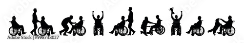 Silhouette set of people in wheelchair in various poses vector collection.