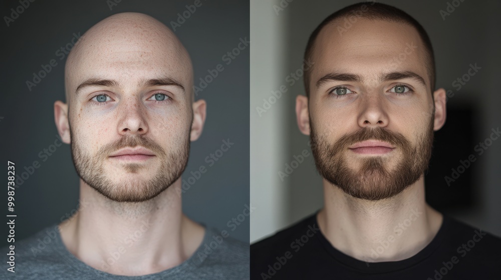 Split screen transformation: before and after portrait of bearded man Split screen transformation: before and after portrait of bearded man