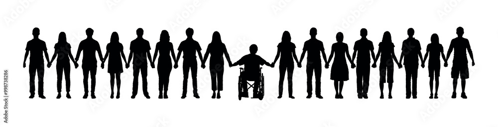 Silhouettes of young people holding hands together with disabled young man in wheelchair vector illustration. Silhouettes of young people holding hands together with disabled young man in wheelchair vector illustration.