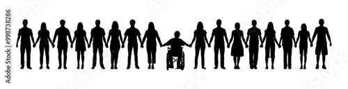 Silhouettes of young people holding hands together with disabled young man in wheelchair vector illustration.
