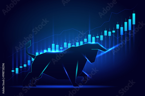 Vibrant vector of a bull silhouette with upward stock market trend lines on a dark blue background, symbolizing financial growth.