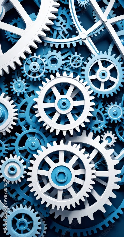 A complex arrangement of blue and white gears, forming an intricate mechanical structure A complex arrangement of blue and white gears, forming an intricate mechanical structure