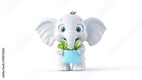 Cute Cartoon Elephant Holding a Plant in Pot