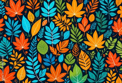a vibrant and colorful pattern of leaves and flowers against a dark background The leaves are depicted in various shades of orange, yellow, green, and blue, with some