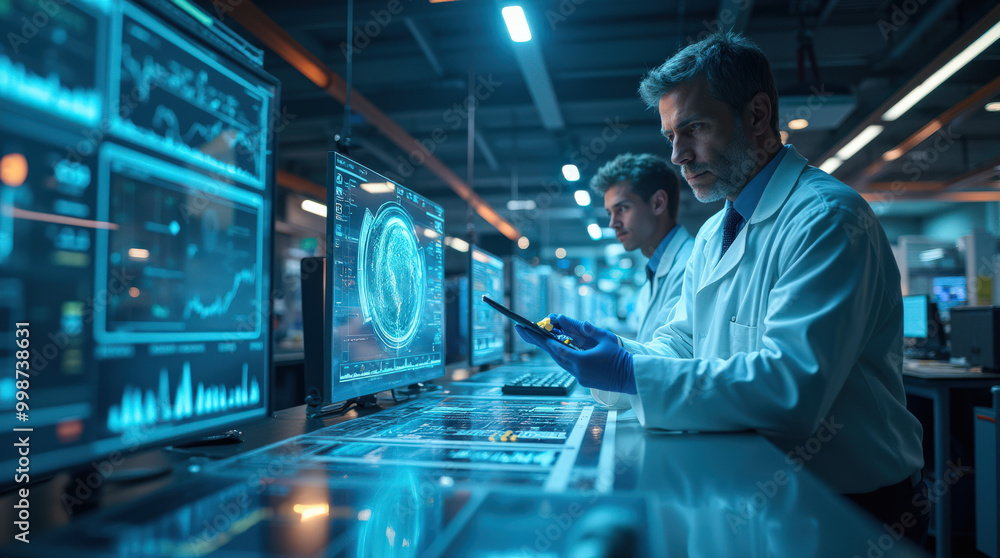 Cutting-Edge Futuristic Laboratory with Scientists Analyzing Holographic Data in High-Tech Environment Cutting-Edge Futuristic Laboratory with Scientists Analyzing Holographic Data in High-Tech Environment