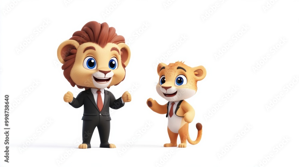 Cute Cartoon Lions in Business Attire with Cheerful Expressions Cute Cartoon Lions in Business Attire with Cheerful Expressions