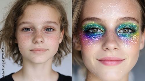 Spring transformation: natural vs. glitter glam makeup for creative inspiration