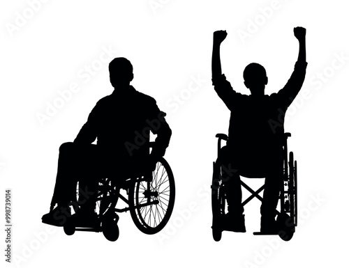 Two disabled men in wheelchairs different poses front view vector silhouette.