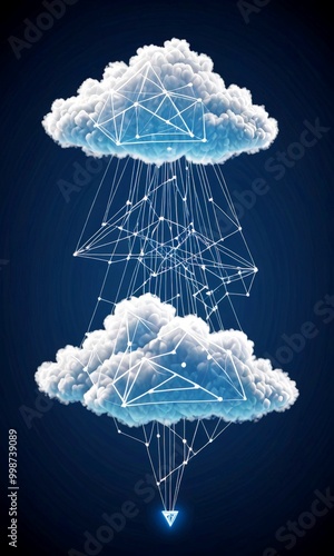 a digital illustration cloud with a network of lines and dots, resembling a digital network or data transmission, with a small triangle-shaped light at the bottom photo