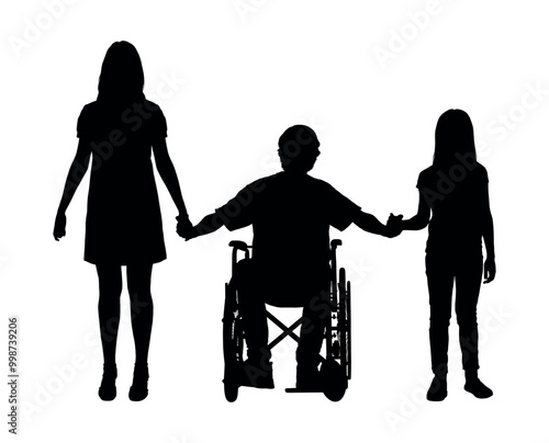 Woman and little girl holding hands with man sitting on wheelchair silhouettes.
