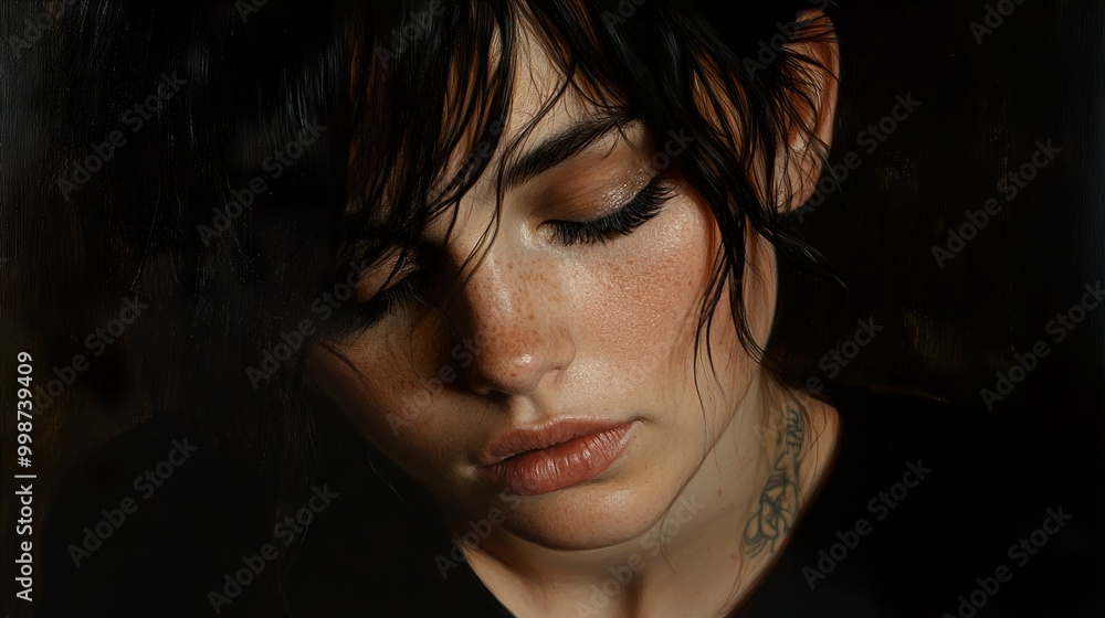 Close-Up Portrait of a Woman with Freckles and a Tattoo Close-Up Portrait of a Woman with Freckles and a Tattoo