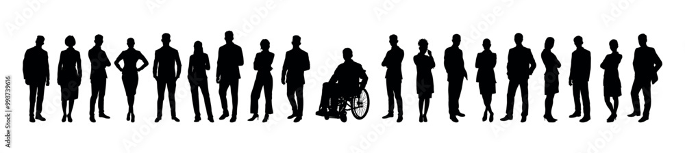 Man sitting in wheelchair among large group of people crowd standing in row black silhouette. Man sitting in wheelchair among large group of people crowd standing in row black silhouette.