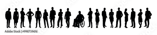 Man sitting in wheelchair among large group of people crowd standing in row black silhouette.