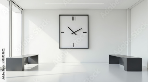 Minimalist Modern Room with Large Wall Clock and Black Benches   Sleek Contemporary Interior Design Inspiration