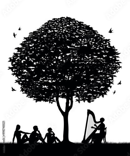 Woman playing harp with several people sitting and watching under the big tree outdoor black silhouette.