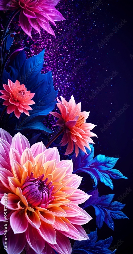 A vibrant digital illustration dahlia flower with pink and orange petals, surrounded by blue and purple leaves, set against a dark background with sparkling lights A vibrant digital illustration dahlia flower with pink and orange petals, surrounded by blue and purple leaves, set against a dark background with sparkling lights