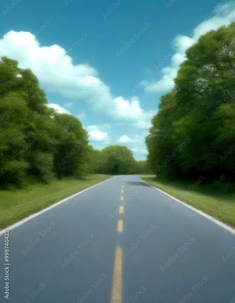 A long, straight road stretches out into the distance, flanked by lush green trees on both sides The sky above is a clear blue, dotted with fluffy white clouds