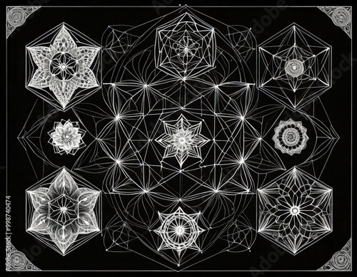 a black and white illustration featuring a complex network of interconnected geometric shapes and patterns, including a star-like design, a flower-like design, and photo