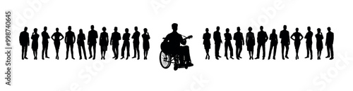 Young man street musician on wheelchair playing guitar outdoor performing in front of group of people black silhouettes.