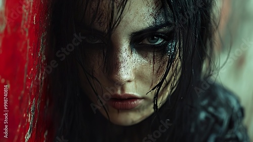 Intense Portrait of a Woman with Dark Makeup and Wet Hair