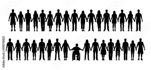 Young people standing in row holding hands together with handicapped young man on wheelchair vector black silhouette.