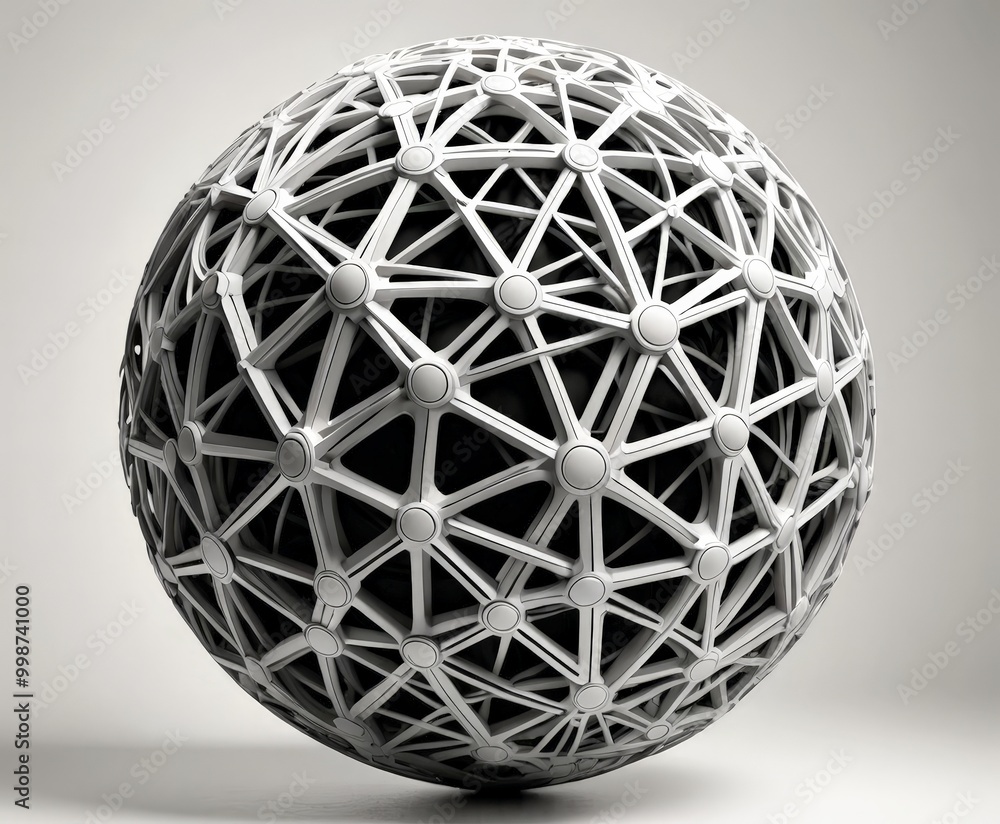 A spherical object with a complex network of interconnected lines and dots, creating a striking geometric pattern A spherical object with a complex network of interconnected lines and dots, creating a striking geometric pattern