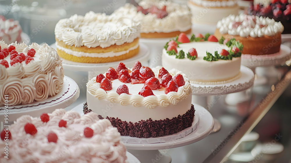 Closeup of Freshly Baked Cakes with Strawberries and Raspberries on White Stands - Realistic Photography Closeup of Freshly Baked Cakes with Strawberries and Raspberries on White Stands - Realistic Photography