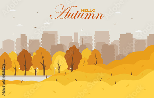 Autumn city park scene banner illustration. Parkland trail with trees and bushes with falling leaves