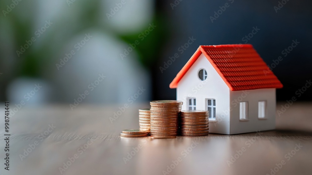 Model house with coins representing mortgage concept Model house with coins representing mortgage concept