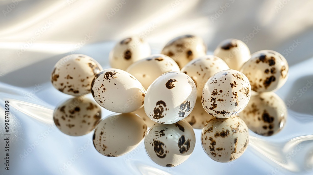 Quail eggs arranged in a geometric pattern on a mirrored surface, each reflecting in a modern, high-fashion aesthetic with soft lighting Quail eggs arranged in a geometric pattern on a mirrored surface, each reflecting in a modern, high-fashion aesthetic with soft lighting