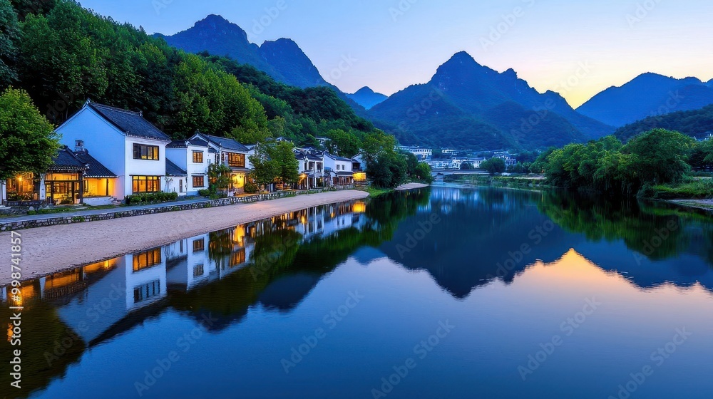 A serene riverside village with reflections on the water and the golden hour light casting a warm glow A serene riverside village with reflections on the water and the golden hour light casting a warm glow