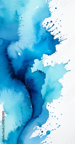 an abstract watercolor painting featuring a vibrant blue color palette with splashes of white and black, creating a dynamic and expressive composition photo