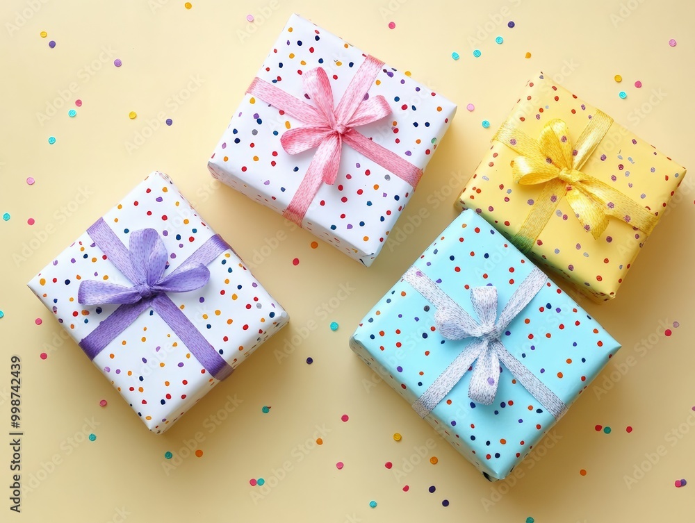 Colorful Birthday Gifts with Confetti on a Yellow Background, Top View Colorful Birthday Gifts with Confetti on a Yellow Background, Top View