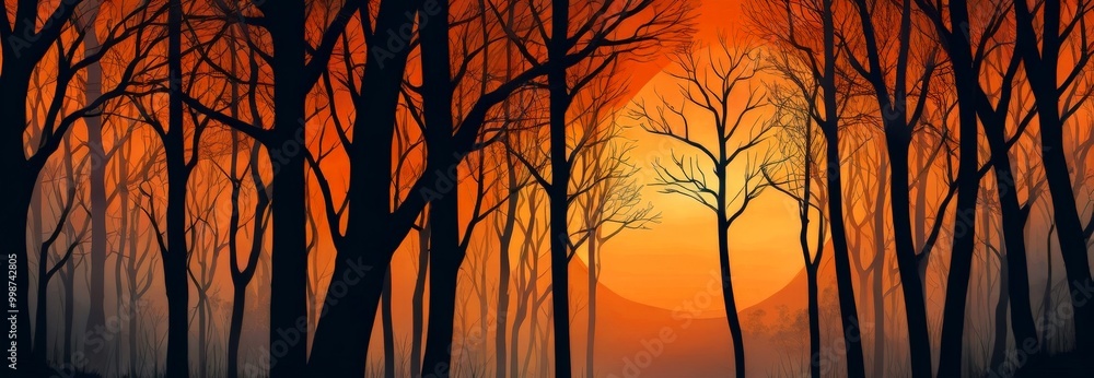 Fototapeta premium A digital illustration forest at sunset, featuring silhouetted trees against a warm orange and red sky