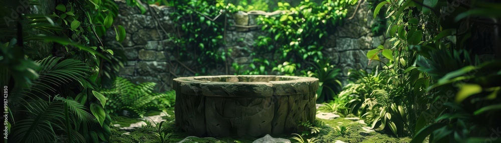 An old stone well surrounded by lush green plants, rustic garden setting, photorealistic style, symbol of life s abundance An old stone well surrounded by lush green plants, rustic garden setting, photorealistic style, symbol of life s abundance