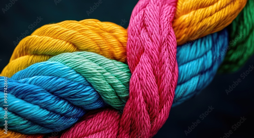 A close-up of four brightly colored ropes woven together in a spiral pattern. A close-up of four brightly colored ropes woven together in a spiral pattern.