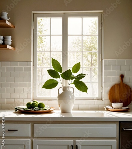 A white vase with green leaves sits on a kitchen counter, accompanied by a wooden cutting board, a plate of green apples, and a white bowl photo