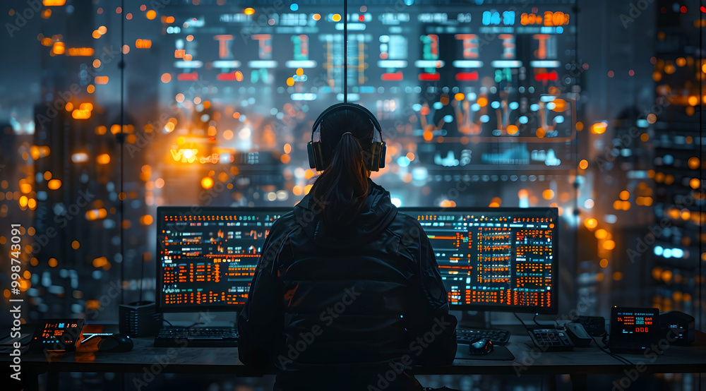 Cyberpunk Hacker Working Late at Night in Front of Multiple Monitors - Digital Art Cyberpunk Hacker Working Late at Night in Front of Multiple Monitors - Digital Art