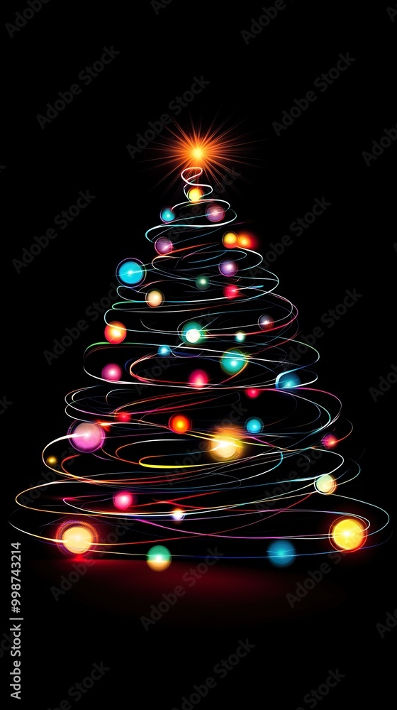 minimalist vector Christmas tree, build from big different color lights, black background ratio smartphone size 9:16 minimalist vector Christmas tree, build from big different color lights, black background ratio smartphone size 9:16