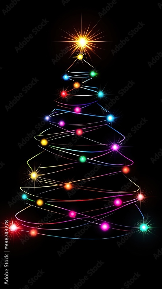 minimalist vector Christmas tree, build from big different color lights, black background ratio smartphone size 9:16