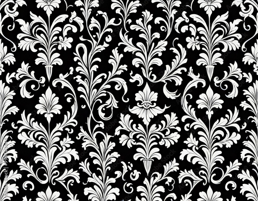 A repeating pattern of ornate white floral designs against a black background A repeating pattern of ornate white floral designs against a black background