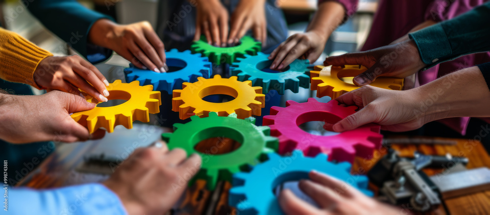 A group of people holding colorful gears in their hands, a collaboration and success concept. A group of people holding colorful gears in their hands, a collaboration and success concept.