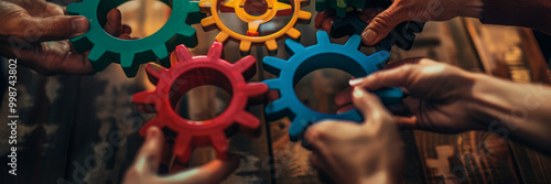 A group of people holding colorful gears in their hands, a collaboration and success concept.